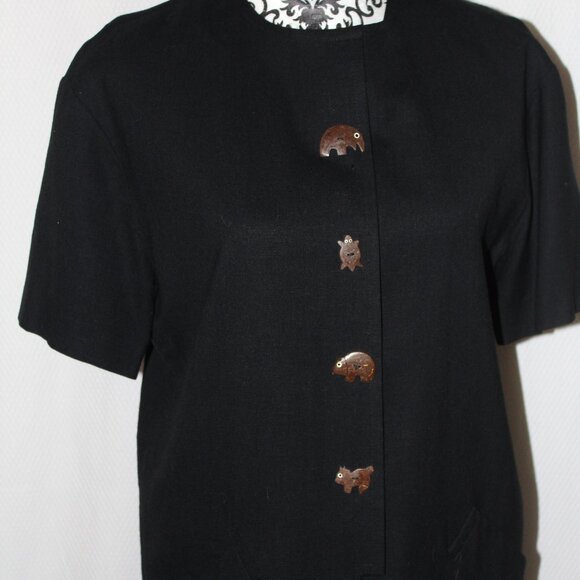 Evan-Picone Dress South Pacific BLACK Shell Animal Buttons Shift 8 VINTAGE - Picture 2 of 15